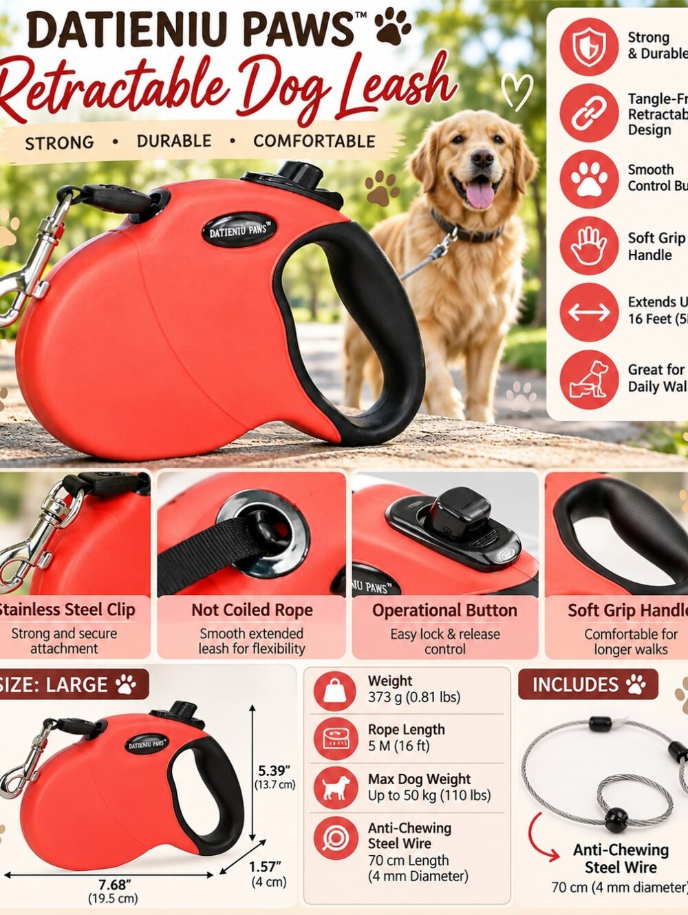 NWT DATIENIU PAWS 16FT Retractable Dog Leash Large Red Chew Resistant